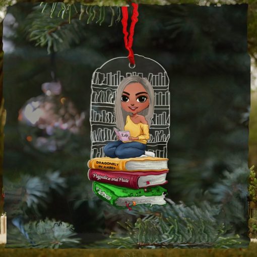 Book Little Girl Doll Reading Books, Personalized Acrylic Ornament