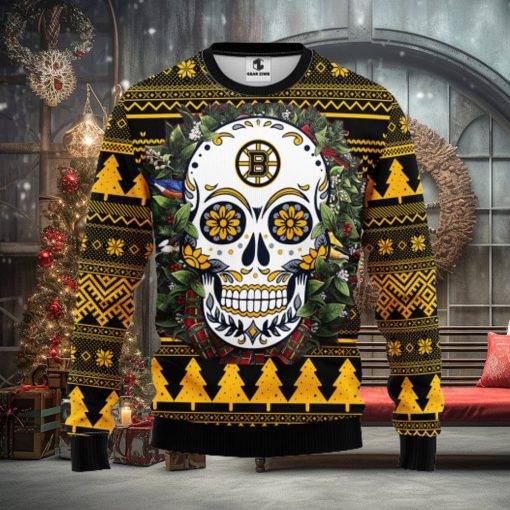 Boston Bruins Skull Flower Ugly Christmas Ugly Sweater