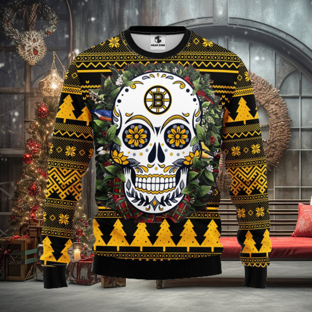 Boston Bruins Skull Flower Ugly Christmas Ugly Sweater Boston Bruins Skull Flower Ugly Christmas Ugly Sweater
