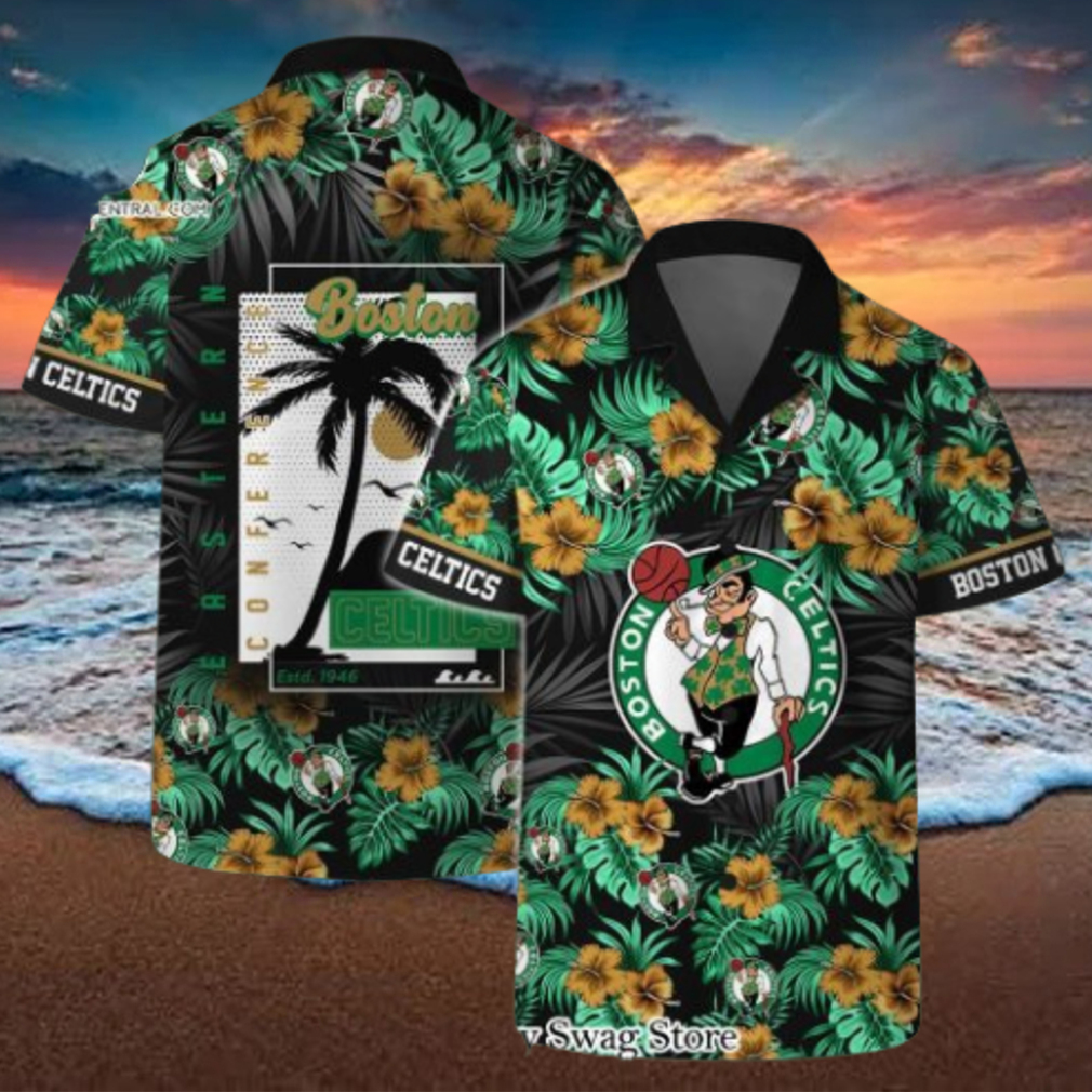 Boston Celtics NBA Team Logo Floral Leaf Pattern Hawaiian Set Boston Celtics NBA Team Logo Floral Leaf Pattern Hawaiian Set