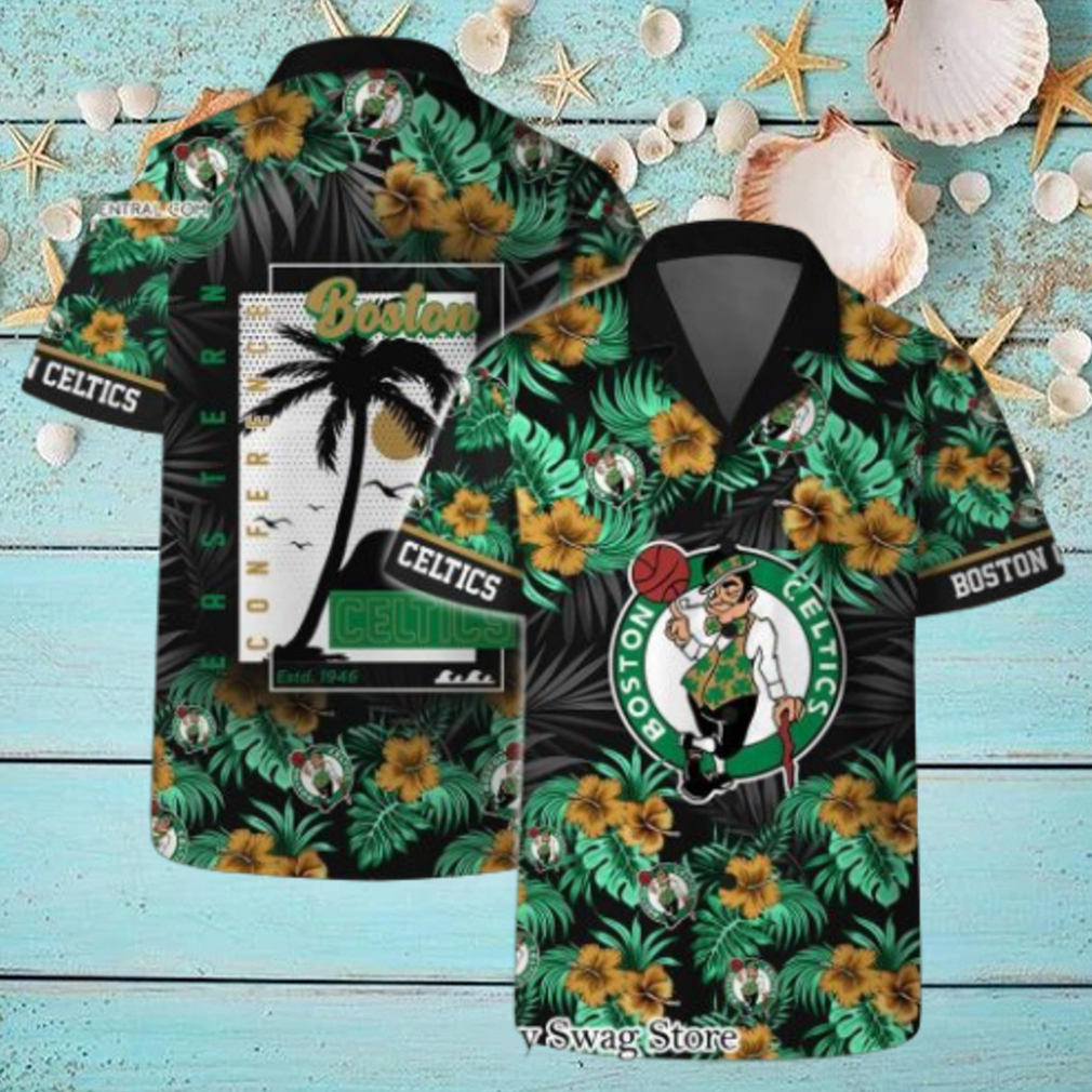 Boston Celtics NBA Team Logo Floral Leaf Pattern Hawaiian Set Boston Celtics NBA Team Logo Floral Leaf Pattern Hawaiian Set