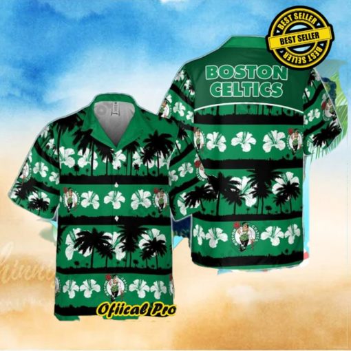 Boston Celtics White Hibiscus Flower On Green Background Print Hawaiian Shirt