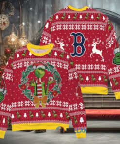 Boston Red Sox x Grinch Dr. Seuss How the Grinch Stole Christmas MLB with World Series Trophy Ugly Christmas Sweater Red