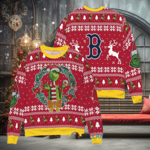 Boston Red Sox x Grinch Dr. Seuss How the Grinch Stole Christmas MLB with World Series Trophy Ugly Christmas Sweater Red