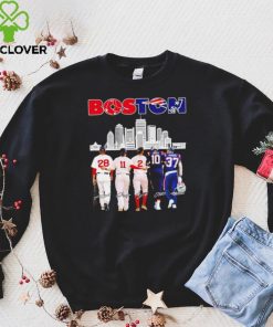Boston city Boston Red Sox and New England Patriots player famous signatures skyline shirt