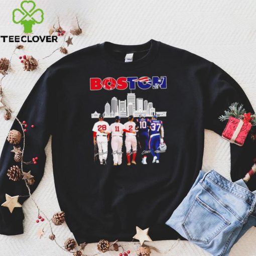 Boston city Boston Red Sox and New England Patriots player famous signatures skyline shirt