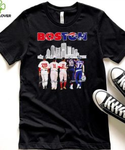 Boston city Boston Red Sox and New England Patriots player famous signatures skyline shirt