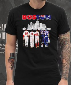 Boston city Boston Red Sox and New England Patriots player famous signatures skyline shirt
