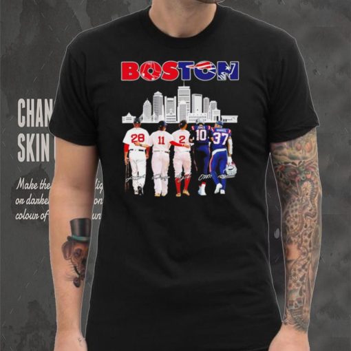Boston city Boston Red Sox and New England Patriots player famous signatures skyline shirt