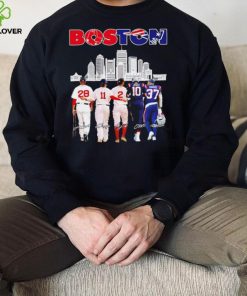 Boston city Boston Red Sox and New England Patriots player famous signatures skyline shirt
