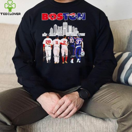 Boston city Boston Red Sox and New England Patriots player famous signatures skyline shirt