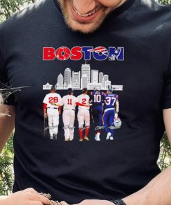 Boston city Boston Red Sox and New England Patriots player famous signatures skyline shirt