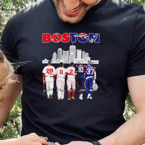 Boston city Boston Red Sox and New England Patriots player famous signatures skyline shirt