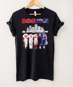 Boston city Boston Red Sox and New England Patriots player famous signatures skyline shirt
