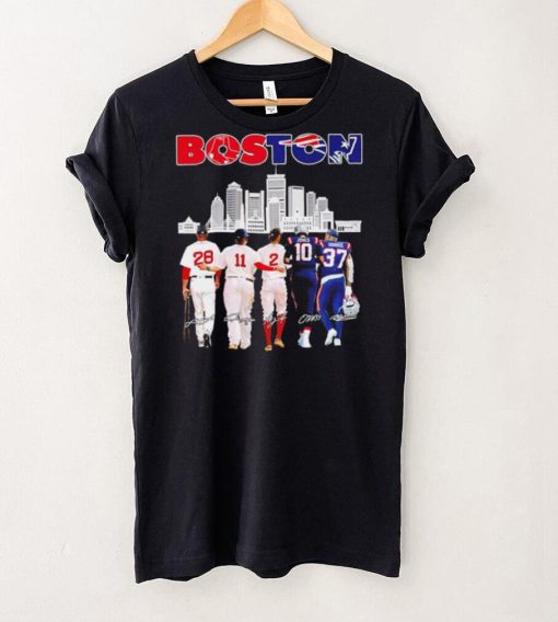 Boston city Boston Red Sox and New England Patriots player famous signatures skyline shirt