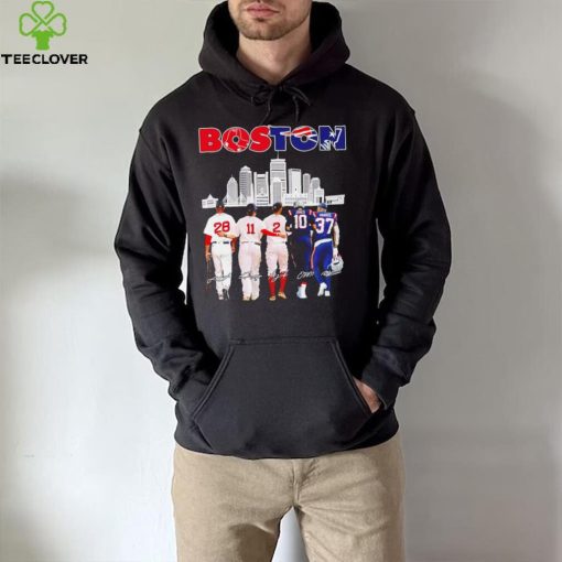 Boston city Boston Red Sox and New England Patriots player famous signatures skyline shirt