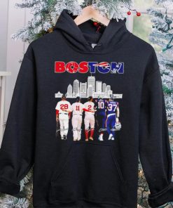 Boston city Boston Red Sox and New England Patriots player famous signatures skyline shirt