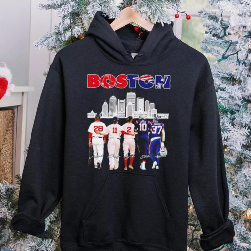 Boston city Boston Red Sox and New England Patriots player famous signatures skyline shirt