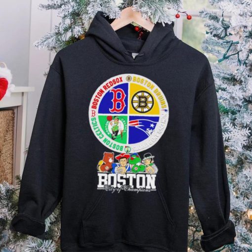 Boston city of Champions Boston Bruins New England Patriots Boston Red Sox Boston Celtics mascots 4 team sport circle logo hoodie, sweater, longsleeve, shirt v-neck, t-shirt