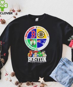 Boston city of Champions Boston Bruins New England Patriots Boston Red Sox Boston Celtics mascots 4 team sport circle logo hoodie, sweater, longsleeve, shirt v-neck, t-shirt