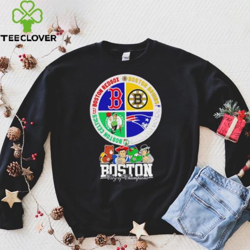 Boston city of Champions Boston Bruins New England Patriots Boston Red Sox Boston Celtics mascots 4 team sport circle logo hoodie, sweater, longsleeve, shirt v-neck, t-shirt