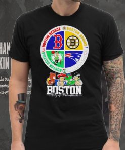 Boston city of Champions Boston Bruins New England Patriots Boston Red Sox Boston Celtics mascots 4 team sport circle logo hoodie, sweater, longsleeve, shirt v-neck, t-shirt