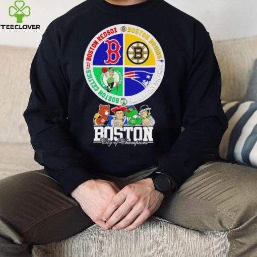 Boston city of Champions Boston Bruins New England Patriots Boston Red Sox Boston Celtics mascots 4 team sport circle logo hoodie, sweater, longsleeve, shirt v-neck, t-shirt