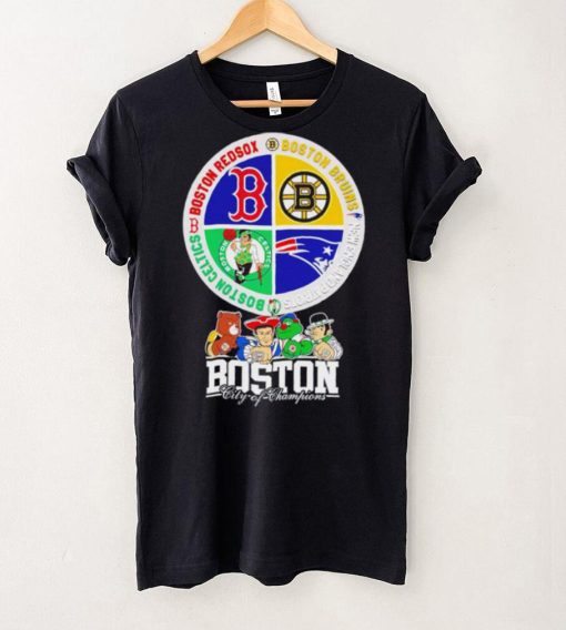 Boston city of Champions Boston Bruins New England Patriots Boston Red Sox Boston Celtics mascots 4 team sport circle logo hoodie, sweater, longsleeve, shirt v-neck, t-shirt