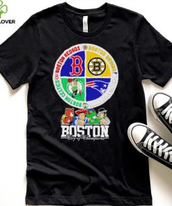 Boston city of Champions Boston Bruins New England Patriots Boston Red Sox Boston Celtics mascots 4 team sport circle logo hoodie, sweater, longsleeve, shirt v-neck, t-shirt