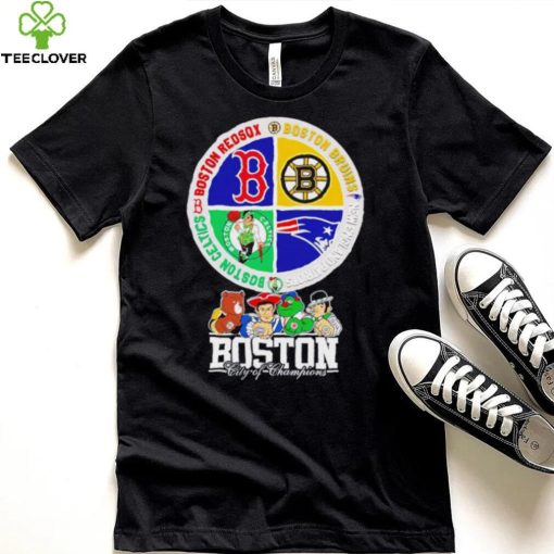 Boston city of Champions Boston Bruins New England Patriots Boston Red Sox Boston Celtics mascots 4 team sport circle logo hoodie, sweater, longsleeve, shirt v-neck, t-shirt