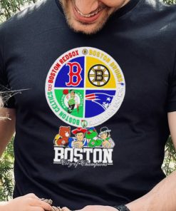 Boston city of Champions Boston Bruins New England Patriots Boston Red Sox Boston Celtics mascots 4 team sport circle logo hoodie, sweater, longsleeve, shirt v-neck, t-shirt