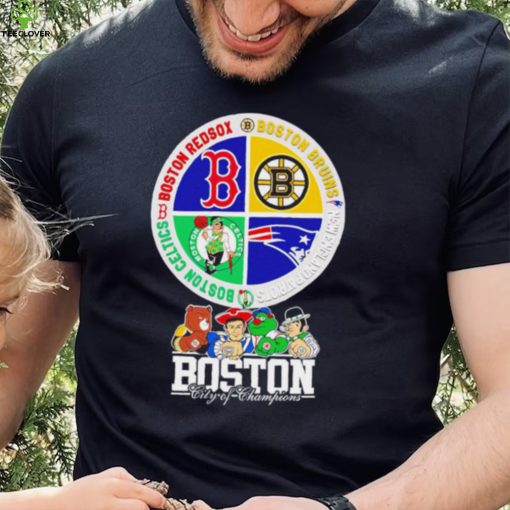 Boston city of Champions Boston Bruins New England Patriots Boston Red Sox Boston Celtics mascots 4 team sport circle logo hoodie, sweater, longsleeve, shirt v-neck, t-shirt