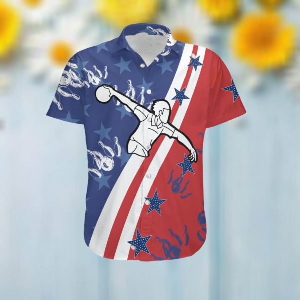 Bowling Player American Flag Custom Name Men Hawaiian Aloha Tropical Beach Button Up Shirt For Bowlers And Sport Lovers
