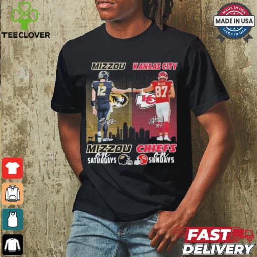 Brady Cook Mizzou Tigers On Saturdays and Travis Kelce Kansas City Chiefs On Sundays Signatures Shirt