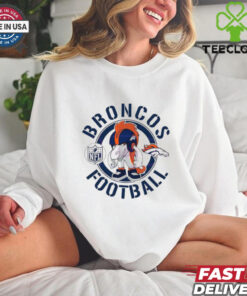 Broncos Football NFL Rush Zone Cartoon Character Shirt featuring a fun, animated design of the Denver Broncos’ mascot and characters from the NFL Rush Zone, perfect for fans who love a playful and energetic take on their team pride.