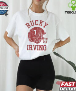 Bucky Irving Tampa Bay Buccaneers NFL Football Helmet Font Vintage Shirt, featuring a retro design with Bucky Irving's name and the Tampa Bay Buccaneers' iconic helmet logo in a classic football font. This shirt combines a vintage look with modern style, perfect for fans who want to celebrate both the player and the team in a nostalgic and fashionable way.