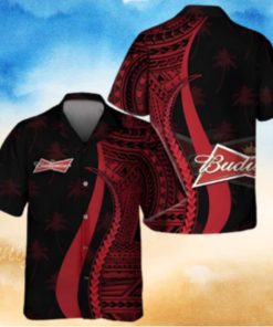 Budweiser Beer Hawaiian Shirt Red Polynesian Tropical Coconut Tree Pattern