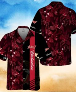 Budweiser Beer Hawaiian Shirt Red Tropical Foliage On Dark Theme