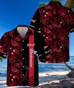 Budweiser Beer Hawaiian Shirt Red Tropical Foliage On Dark Theme