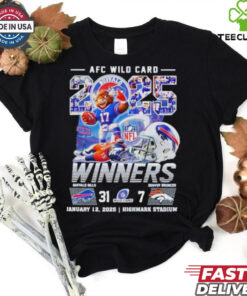 Buffalo Bills Beat Denver Broncos Winners AFC Wild Card Playoffs 2025 NFL Highmark Stadium Helmet Mascot T shirts