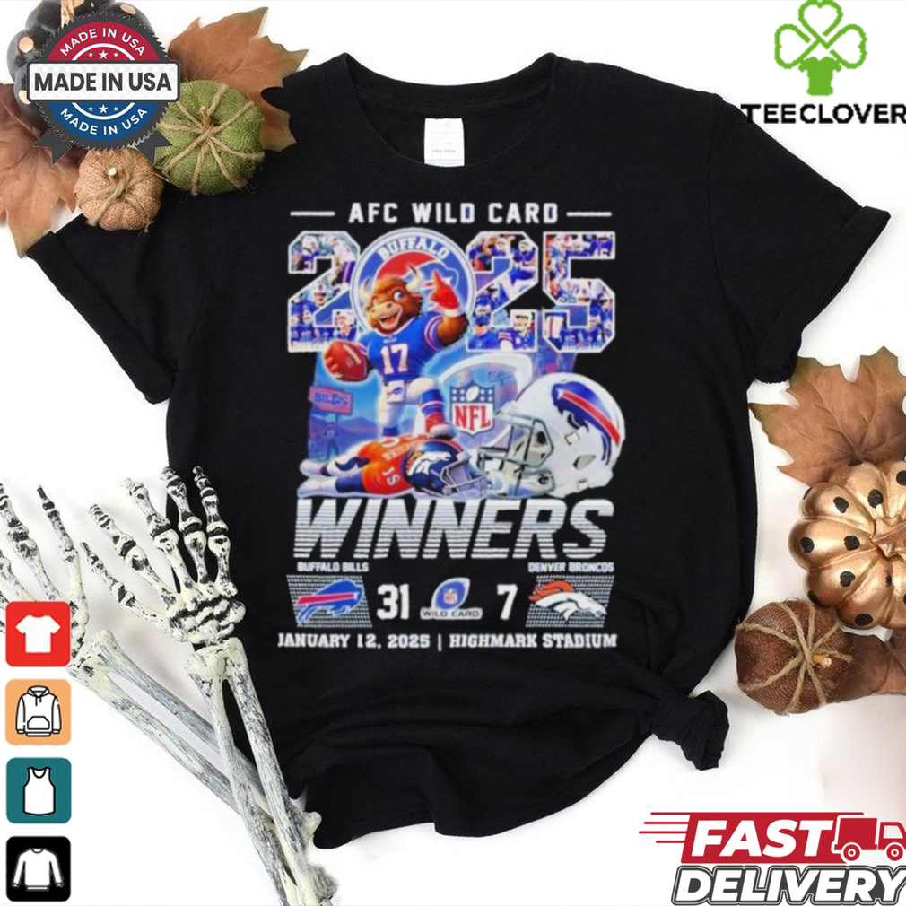 Buffalo Bills Beat Denver Broncos Winners AFC Wild Card Playoffs 2025 NFL Highmark Stadium Helmet Mascot T shirts Buffalo Bills Beat Denver Broncos Winners AFC Wild Card Playoffs 2025 NFL Highmark Stadium Helmet Mascot T shirts