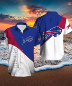 Buffalo Bills Diagonal Color Block Hawaiian Shirt with a sleek color-block design featuring team colors and logo, perfect for Bills fans who want a bold, tropical look with a modern twist.