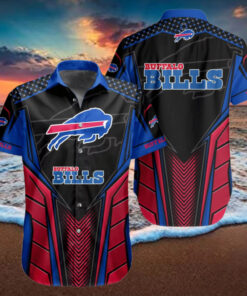 Buffalo Bills Dynamic Geometric Hawaiian Shirt with a modern, geometric pattern incorporating team colors and logo, perfect for Bills fans seeking a stylish, bold look for game days or casual wear.