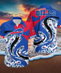 Buffalo Bills Dynamic Wave Floral Hawaiian Shirt with a striking wave and floral design in team colors, perfect for Bills fans looking to show off their team pride in a vibrant, tropical style.