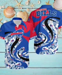 Buffalo Bills Dynamic Wave Floral Hawaiian Shirt with a striking wave and floral design in team colors, perfect for Bills fans looking to show off their team pride in a vibrant, tropical style.