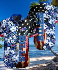 Buffalo Bills Hawaiian Shirt, Flowers And America Flag, Button Down Hawaiian Shirt