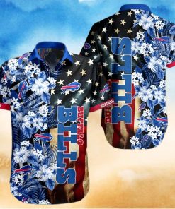 Buffalo Bills Hawaiian Shirt, Flowers And America Flag, Button Down Hawaiian Shirt