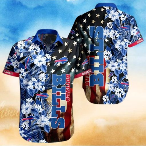 Buffalo Bills Hawaiian Shirt, Flowers And America Flag, Button Down Hawaiian Shirt