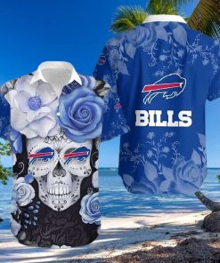 Buffalo Bills Hawaiian Shirt, Flowers Skull, Button Down Hawaiian Shirt