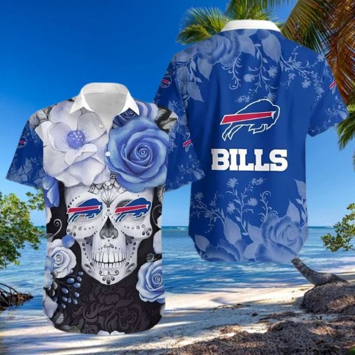 Buffalo Bills Hawaiian Shirt, Flowers Skull, Button Down Hawaiian Shirt